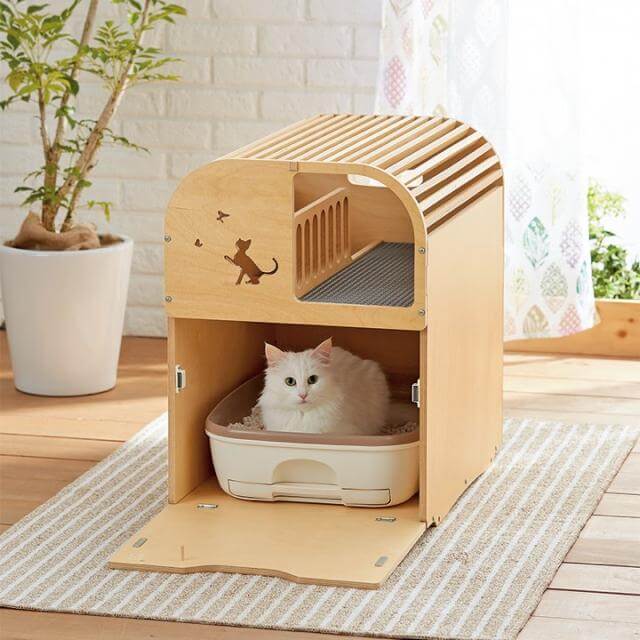 ウッドコテージのようなデザインの2階建ての猫用トイレカバー｜ネコモノ帳