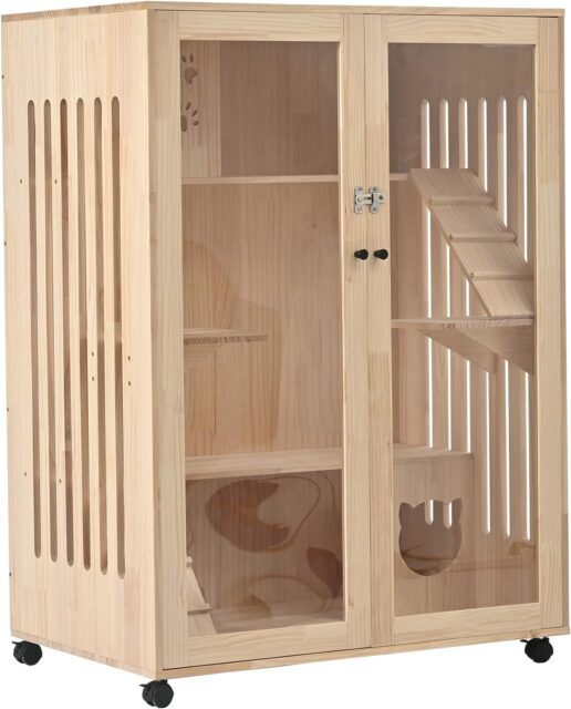 木製キャットケージ 透明扉付き【引き取り】 透明のアクリルドアが印象的な大型木製キャットケージ｜ネコモノ帳